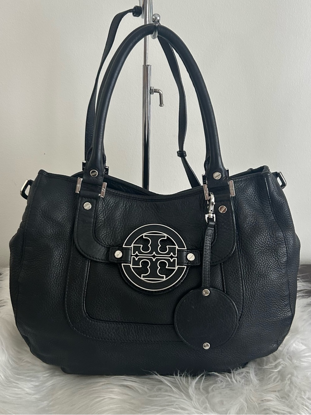 Tory Burch Amanda Black Pebbled Leather Tote Shoulder Bag Crossbody - Picture 6 of 14